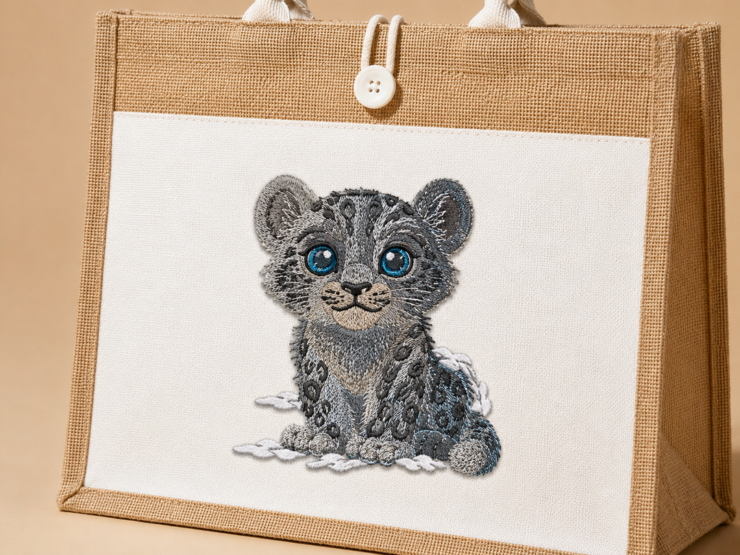 Embroidered design of a leopard on a brown bag with a beige background