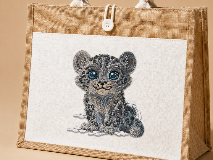 Embroidered design of a leopard on a brown bag with a beige background