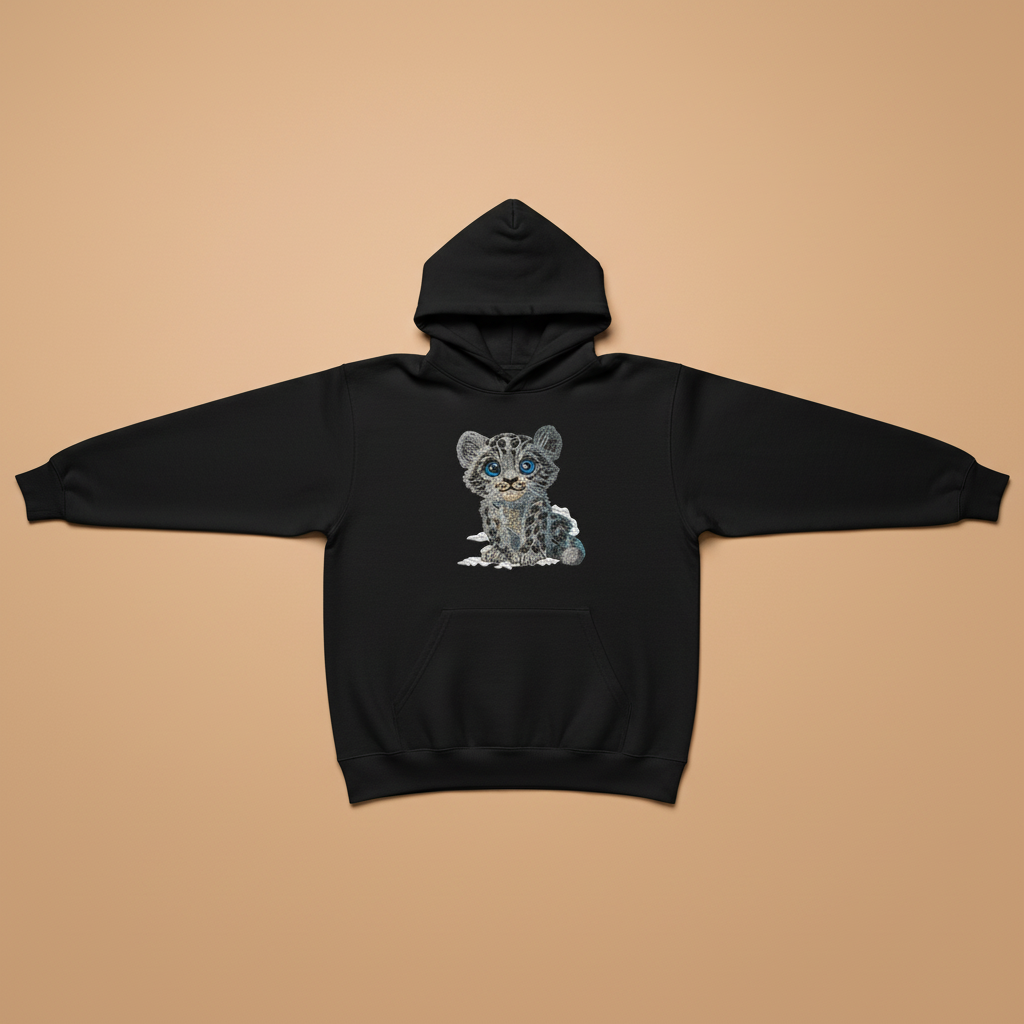Baby Snow Leopard — Premium Embroidered Hoodie | Original EmbroMania Design