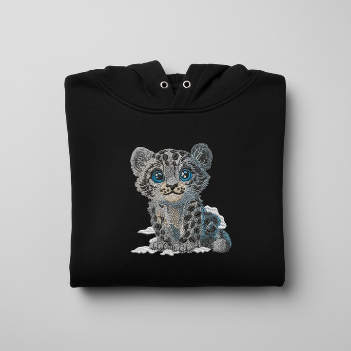 Baby Snow Leopard — Premium Embroidered Hoodie | Original EmbroMania Design