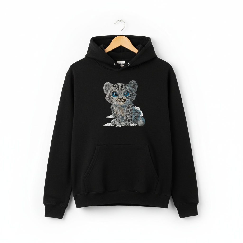 Baby Snow Leopard — Premium Embroidered Hoodie | Original EmbroMania Design