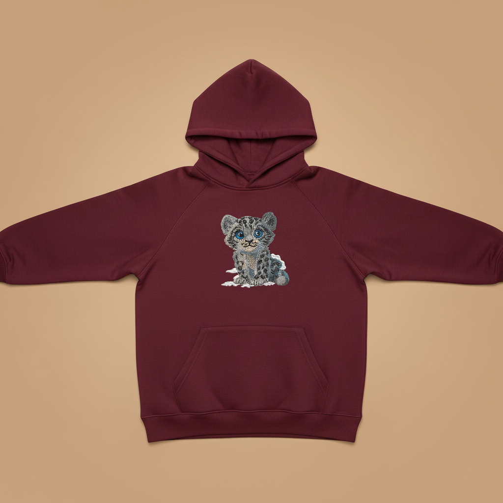 Baby Snow Leopard — Premium Embroidered Hoodie | Original EmbroMania Design