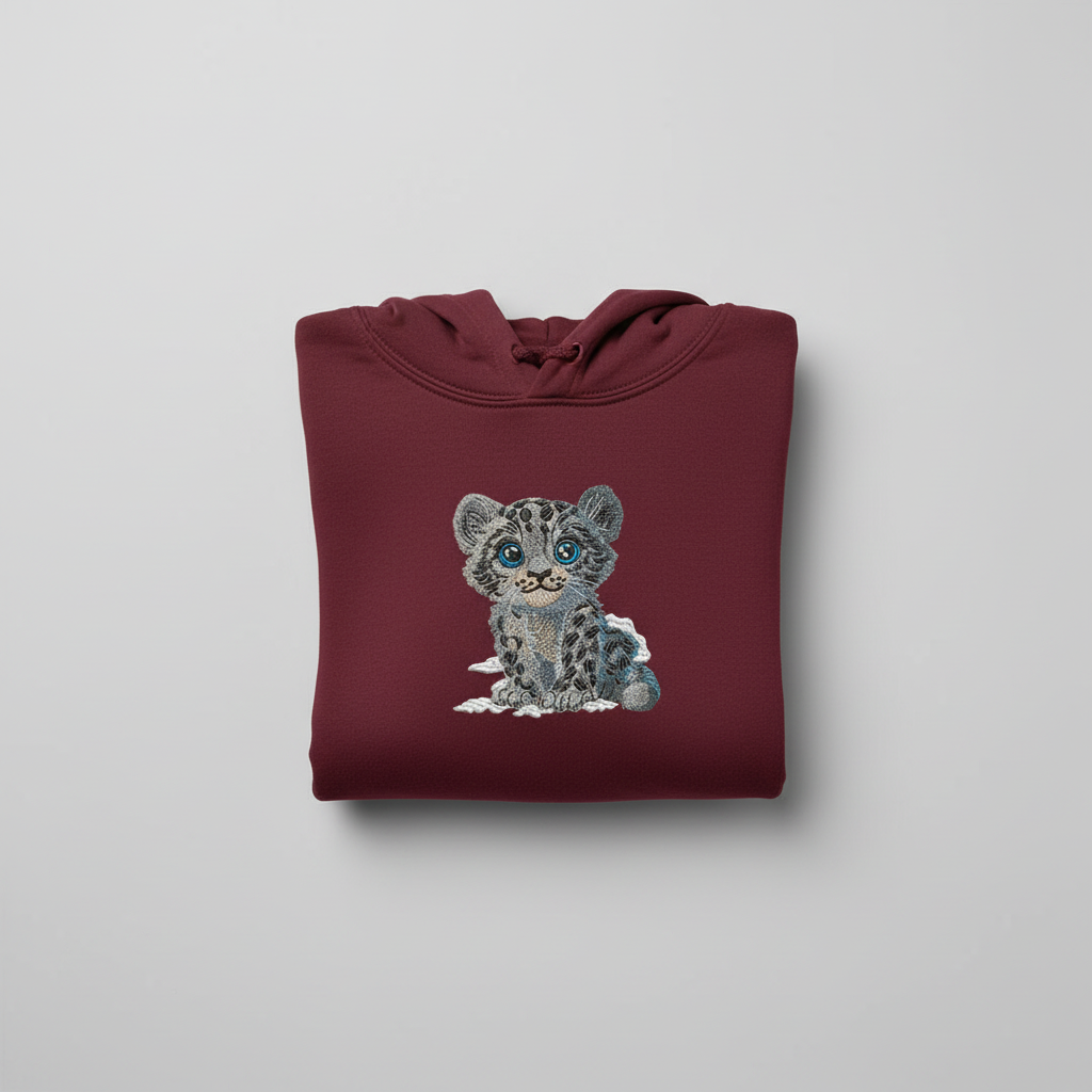 Baby Snow Leopard — Premium Embroidered Hoodie | Original EmbroMania Design