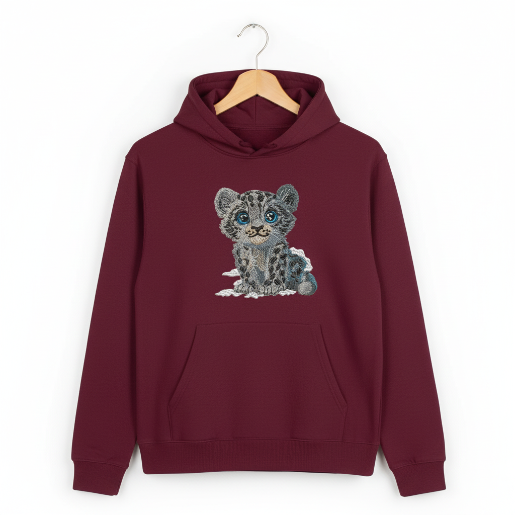 Baby Snow Leopard — Premium Embroidered Hoodie | Original EmbroMania Design