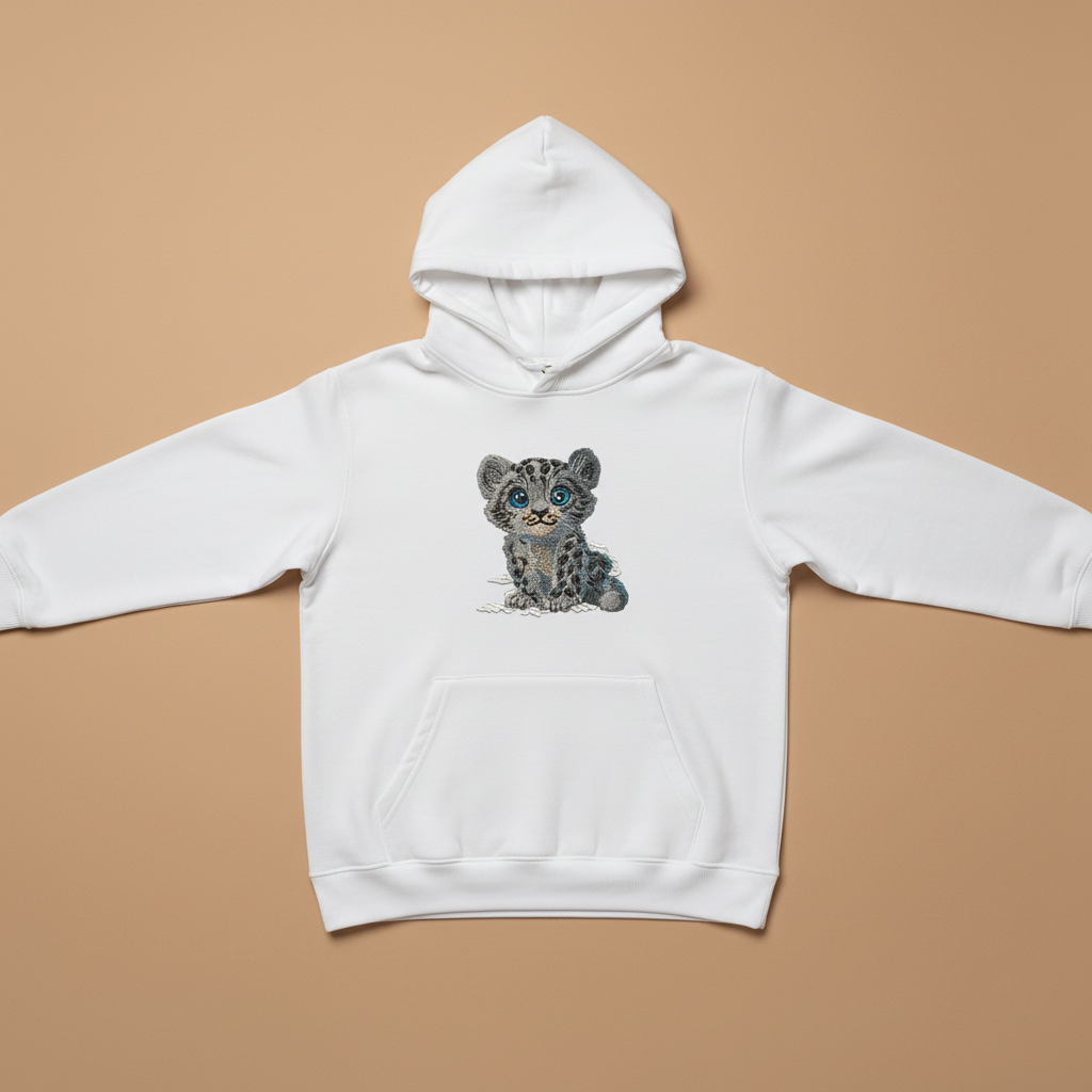 Baby Snow Leopard — Premium Embroidered Hoodie | Original EmbroMania Design