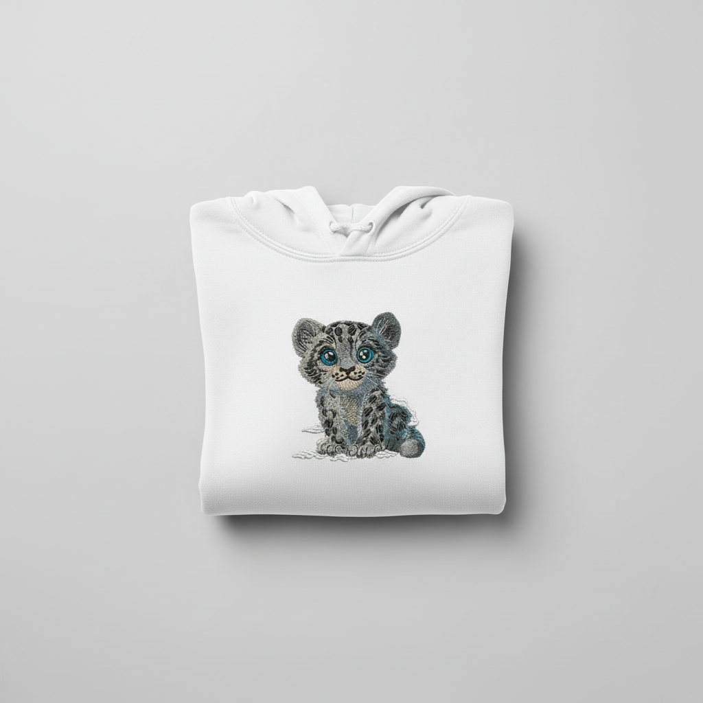 Baby Snow Leopard — Premium Embroidered Hoodie | Original EmbroMania Design