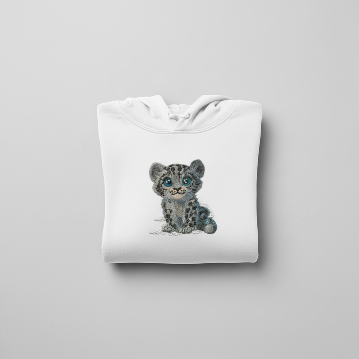 Baby Snow Leopard — Premium Embroidered Hoodie | Original EmbroMania Design