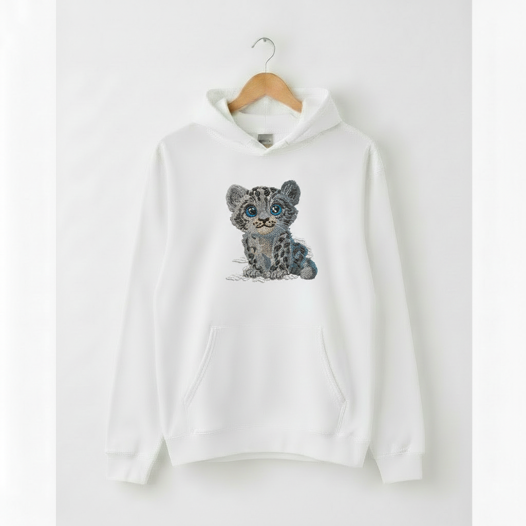 Baby Snow Leopard — Premium Embroidered Hoodie | Original EmbroMania Design
