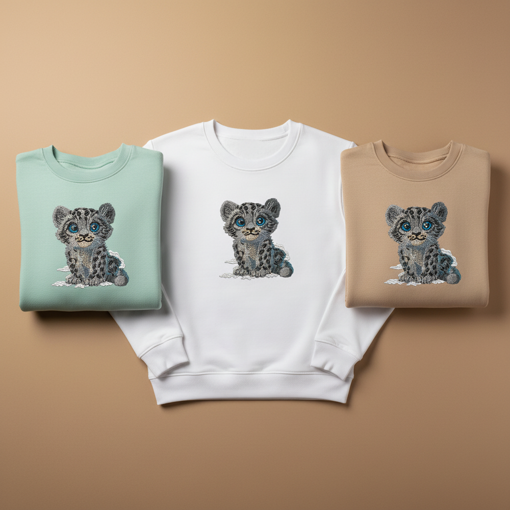 Baby Snow Leopard Machine Embroidered Sweatshirt – Hand Finished in Dubai | EmbroMania