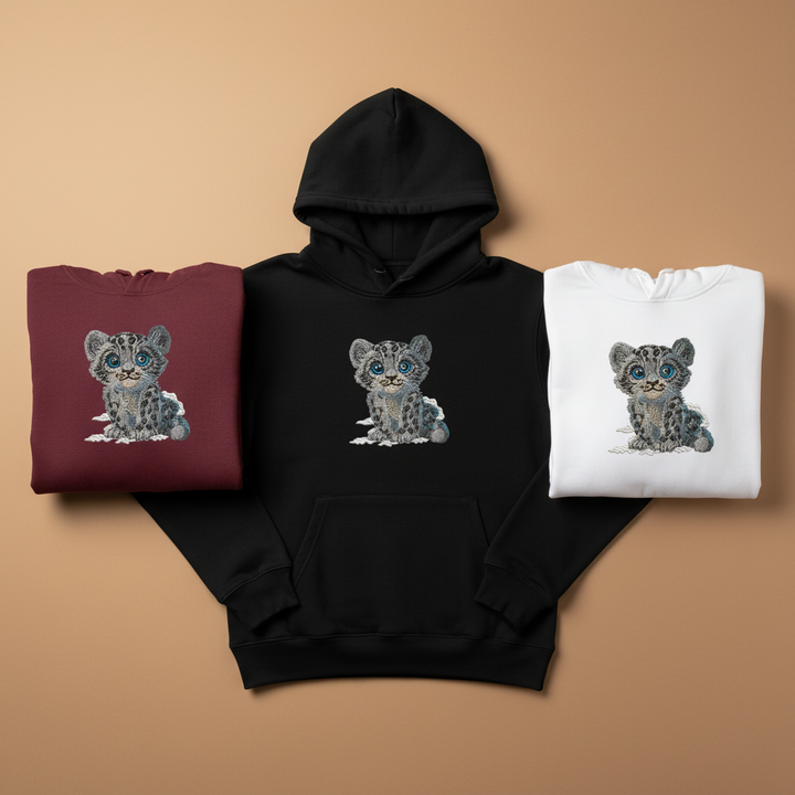 Baby Snow Leopard — Premium Embroidered Hoodie | Original EmbroMania Design