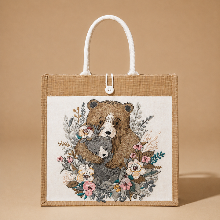Bear Hug Floral Machine Embroidered Jute Tote – Hand Finished in Dubai | EmbroMania