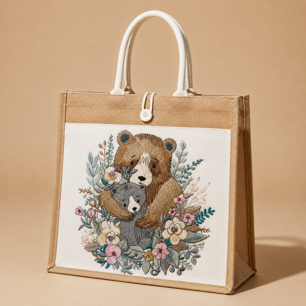 Jute bag with embroidered design of two bears and flowers on a beige background