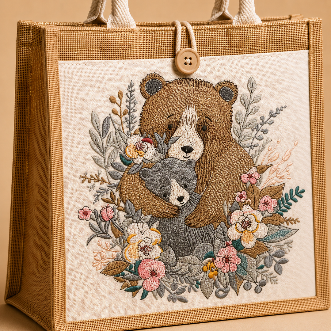 Embroidered bear design on a brown bag with floral elements