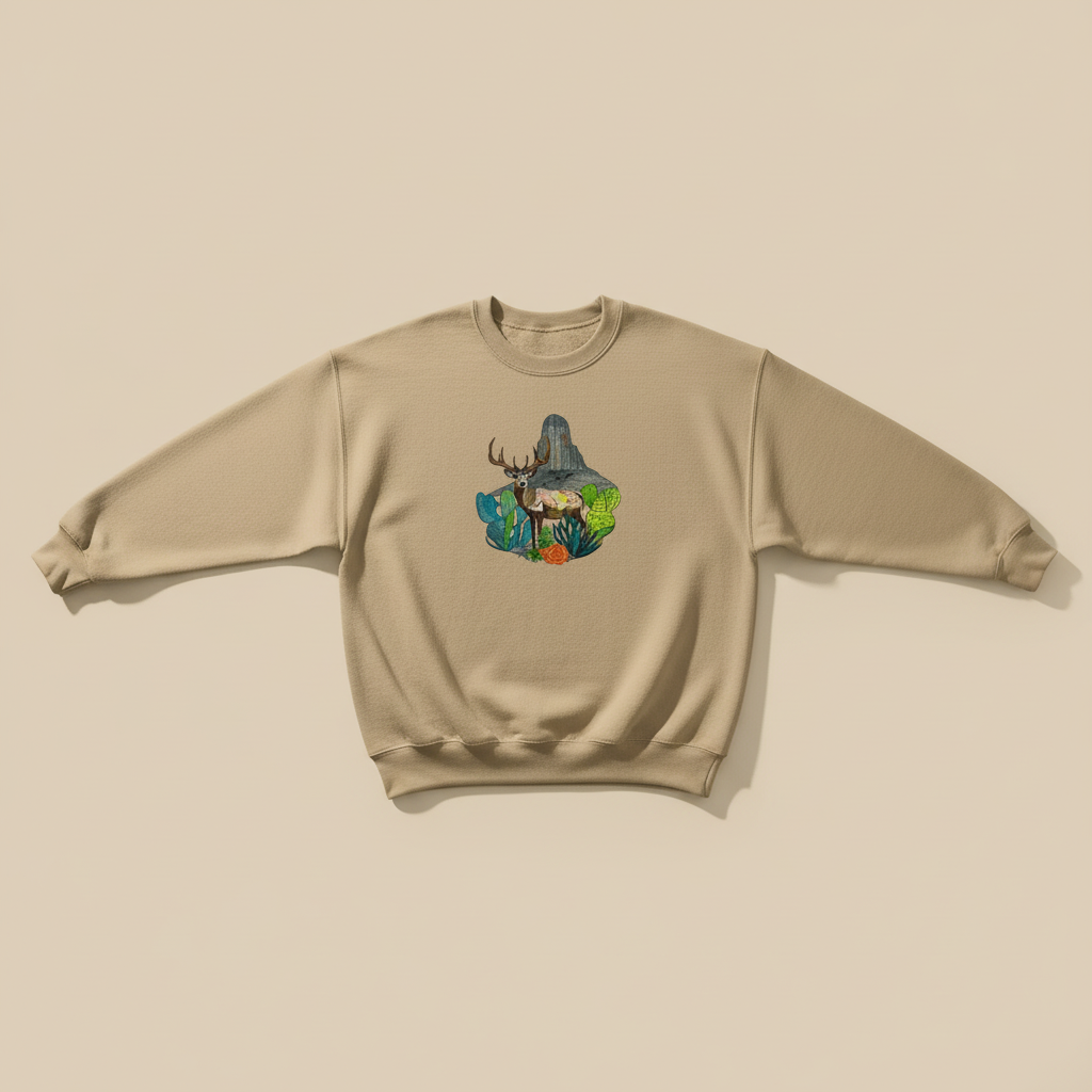 Adventure Edition Desert Deer Landscape — Premium Embroidered Sweatshirt | Original EmbroMania Design