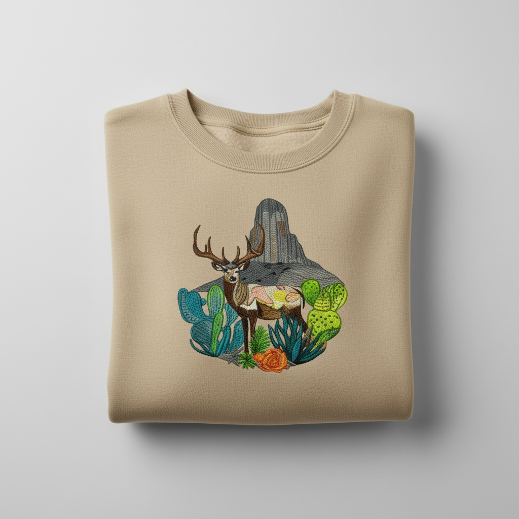Adventure Edition Desert Deer Landscape — Premium Embroidered Sweatshirt | Original EmbroMania Design