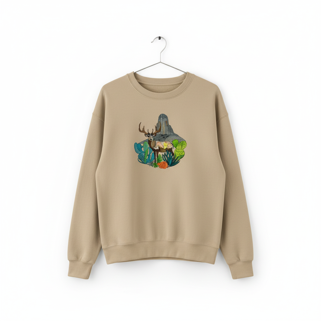 Adventure Edition Desert Deer Landscape — Premium Embroidered Sweatshirt | Original EmbroMania Design