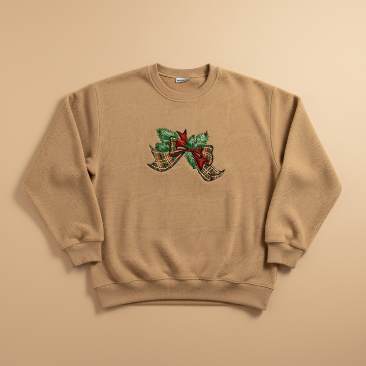Tartan Ribbon &amp; Evergreen Bow — Premium Embroidered Collection | Hoodie • Sweatshirt • Jute Tote | Original EmbroMania Design
