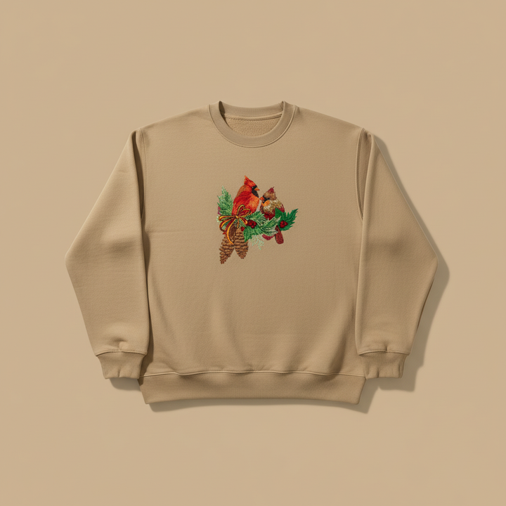 Cardinal Pair with Pinecones — Premium Embroidered Collection | Hoodie • Sweatshirt • Jute Tote | Original EmbroMania Design
