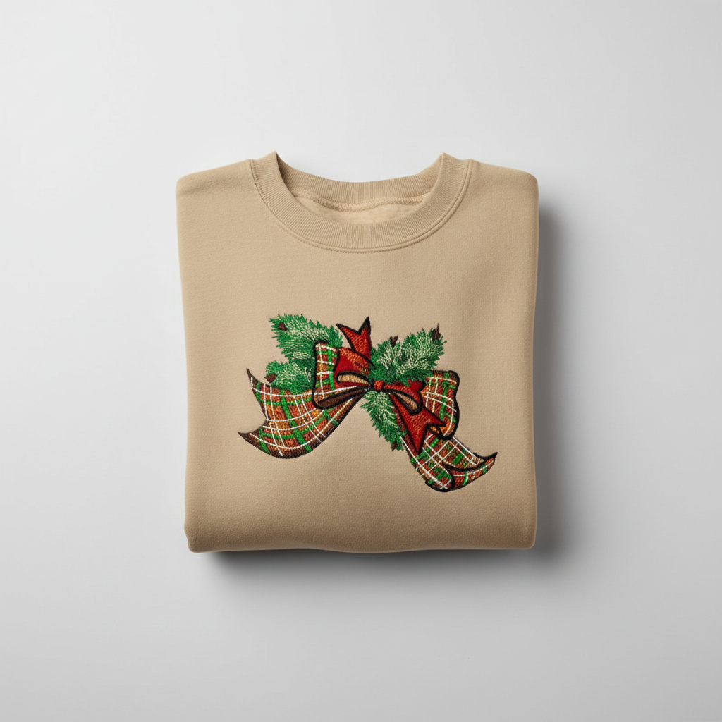 Tartan Ribbon &amp; Evergreen Bow — Premium Embroidered Collection | Hoodie • Sweatshirt • Jute Tote | Original EmbroMania Design