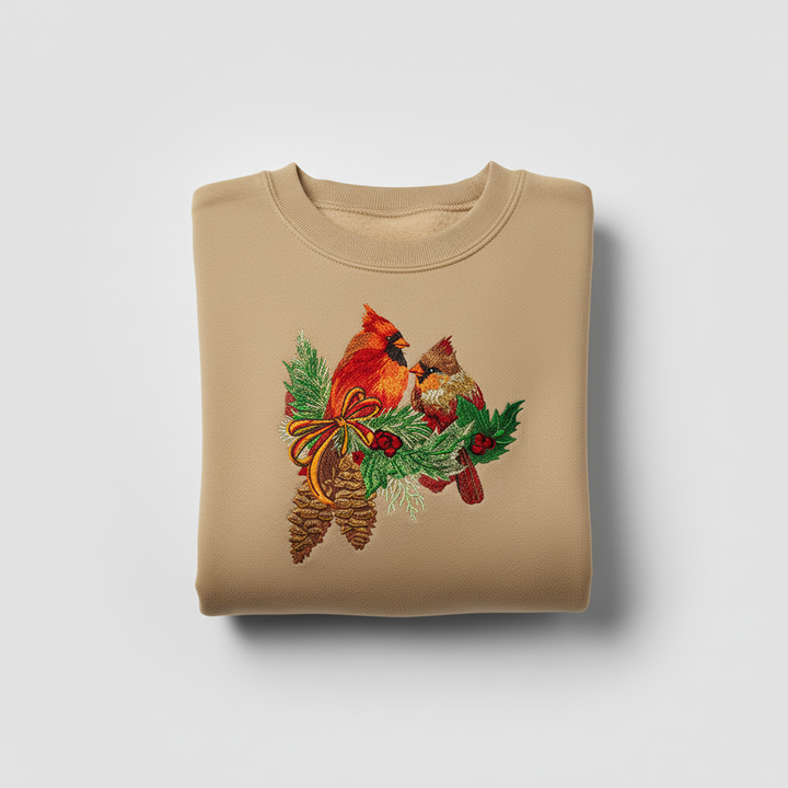 Cardinal Pair with Pinecones — Premium Embroidered Collection | Hoodie • Sweatshirt • Jute Tote | Original EmbroMania Design