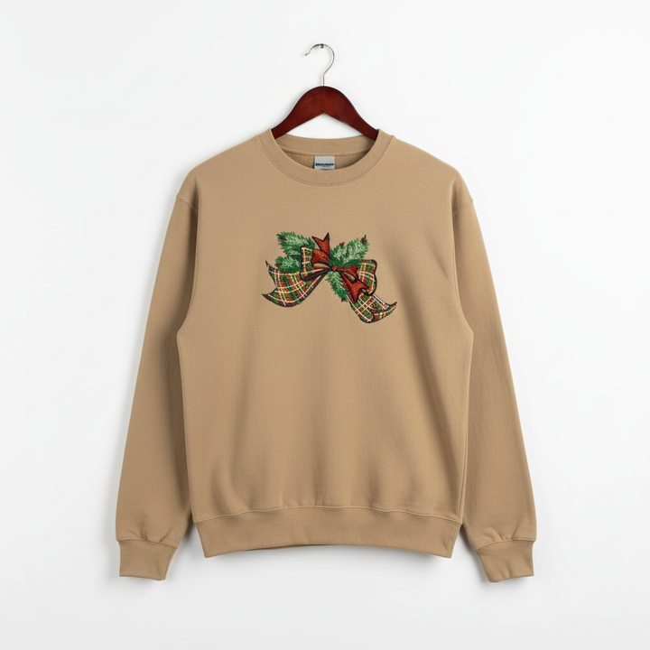 Tartan Ribbon &amp; Evergreen Bow — Premium Embroidered Collection | Hoodie • Sweatshirt • Jute Tote | Original EmbroMania Design