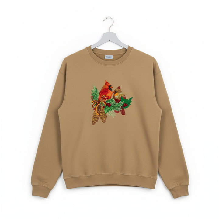 Cardinal Pair with Pinecones — Premium Embroidered Collection | Hoodie • Sweatshirt • Jute Tote | Original EmbroMania Design