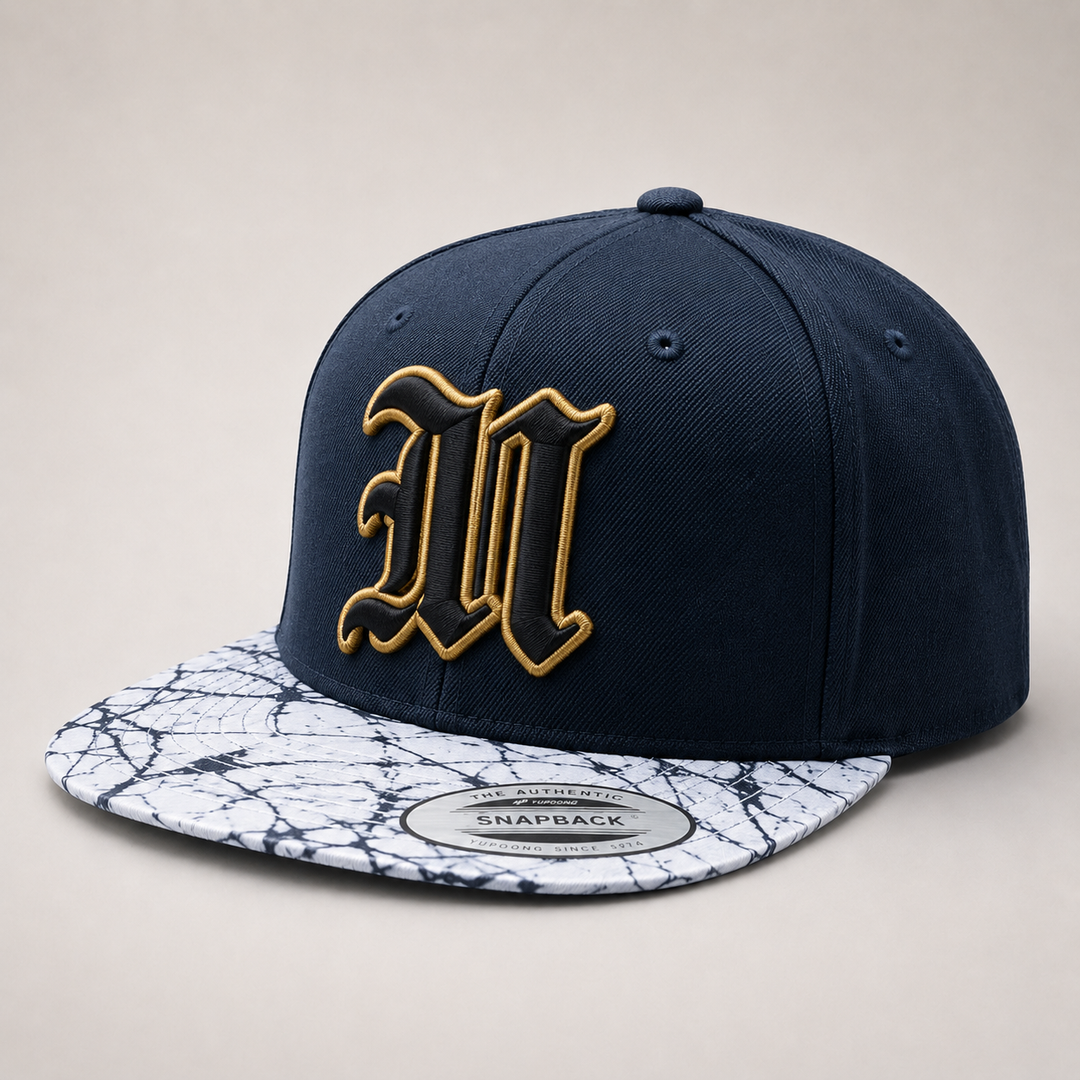 Navy blue snapback cap with gold letter &