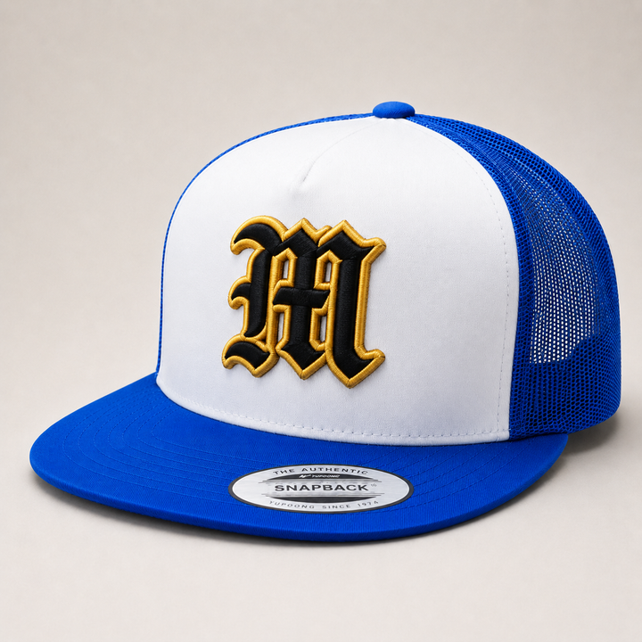 Blue and white trucker cap with a gold &
