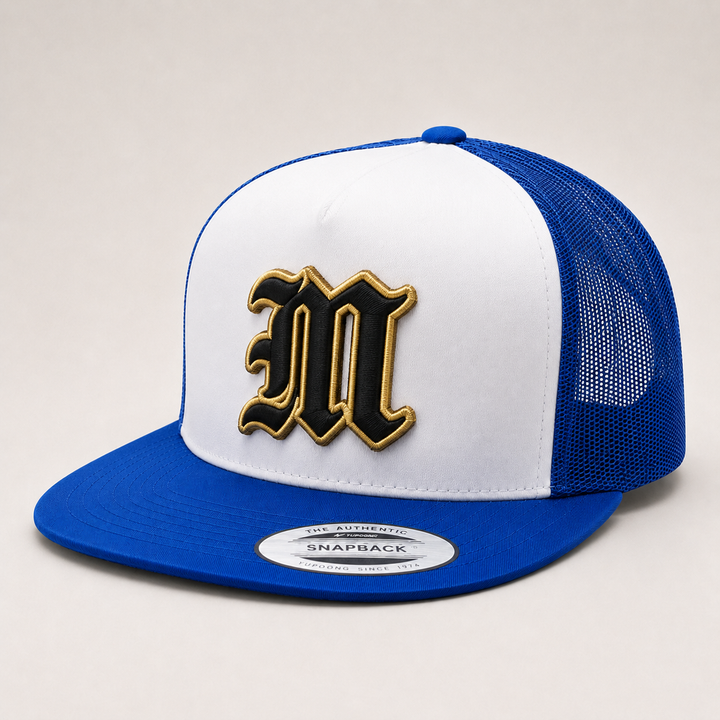 Blue and white cap with a gold and black letter &