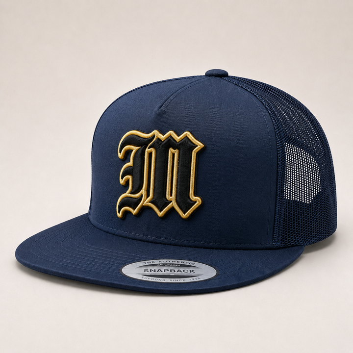 Navy blue snapback cap with gold and black letter &