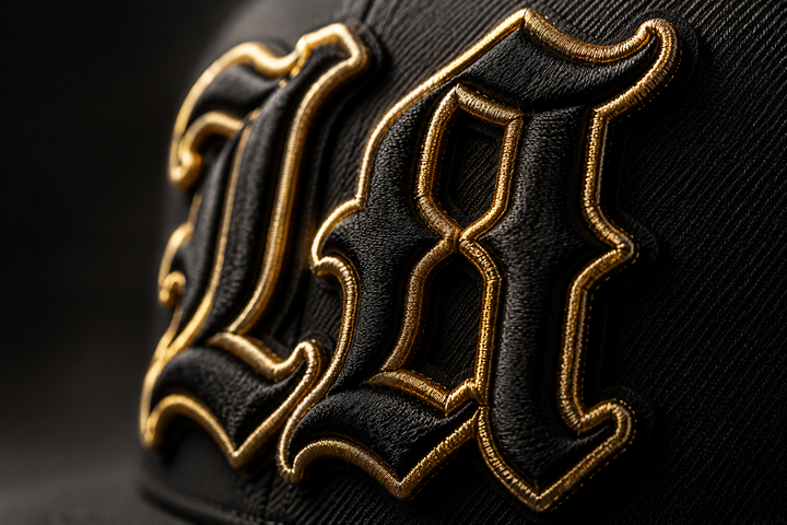 Close-up of a black and gold logo on a dark background