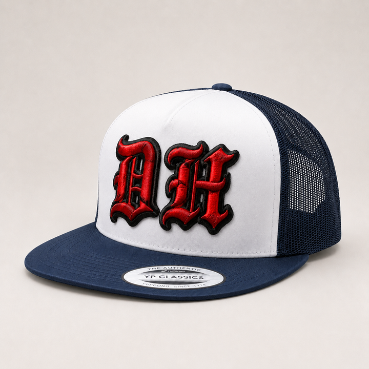 Trucker hat with red and black logo on a white background