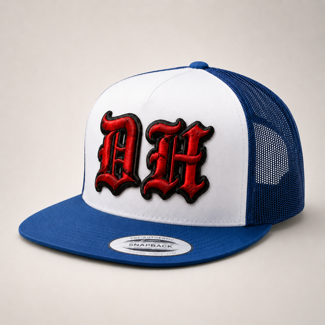 Trucker hat with red and black logo on a white background