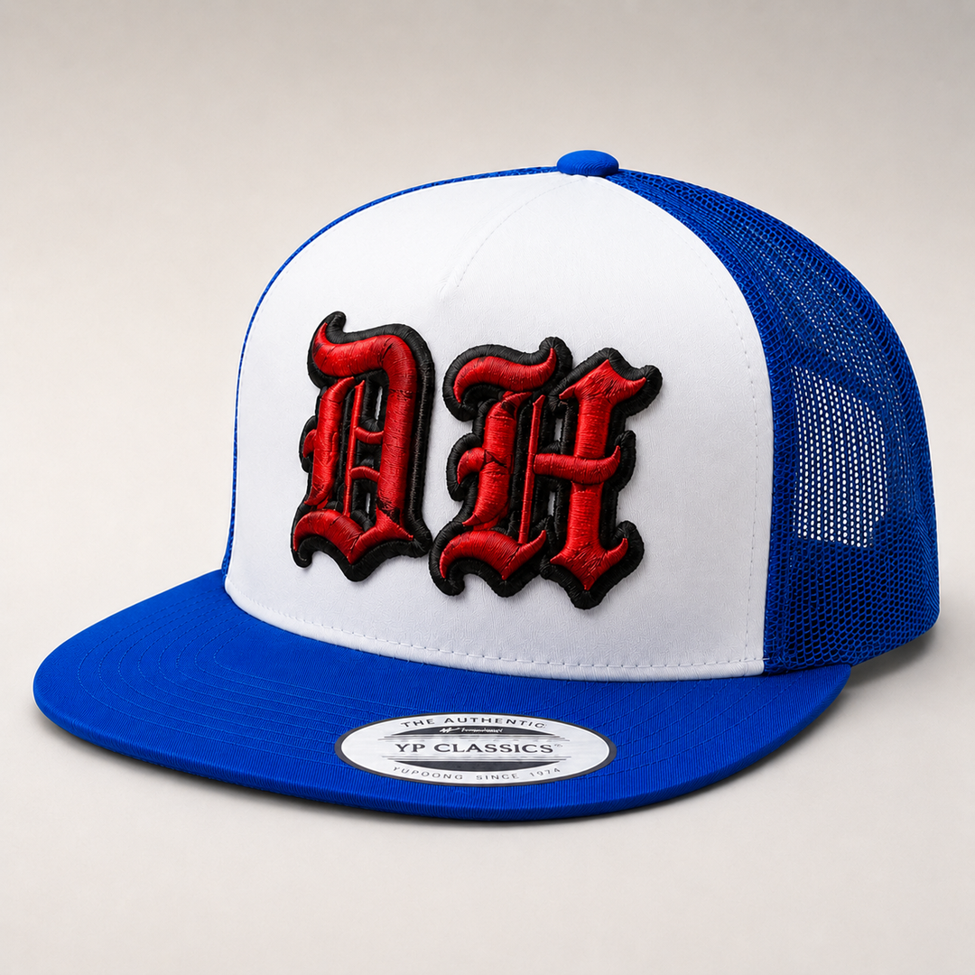 Blue and white cap with red and black logo on a light gray background
