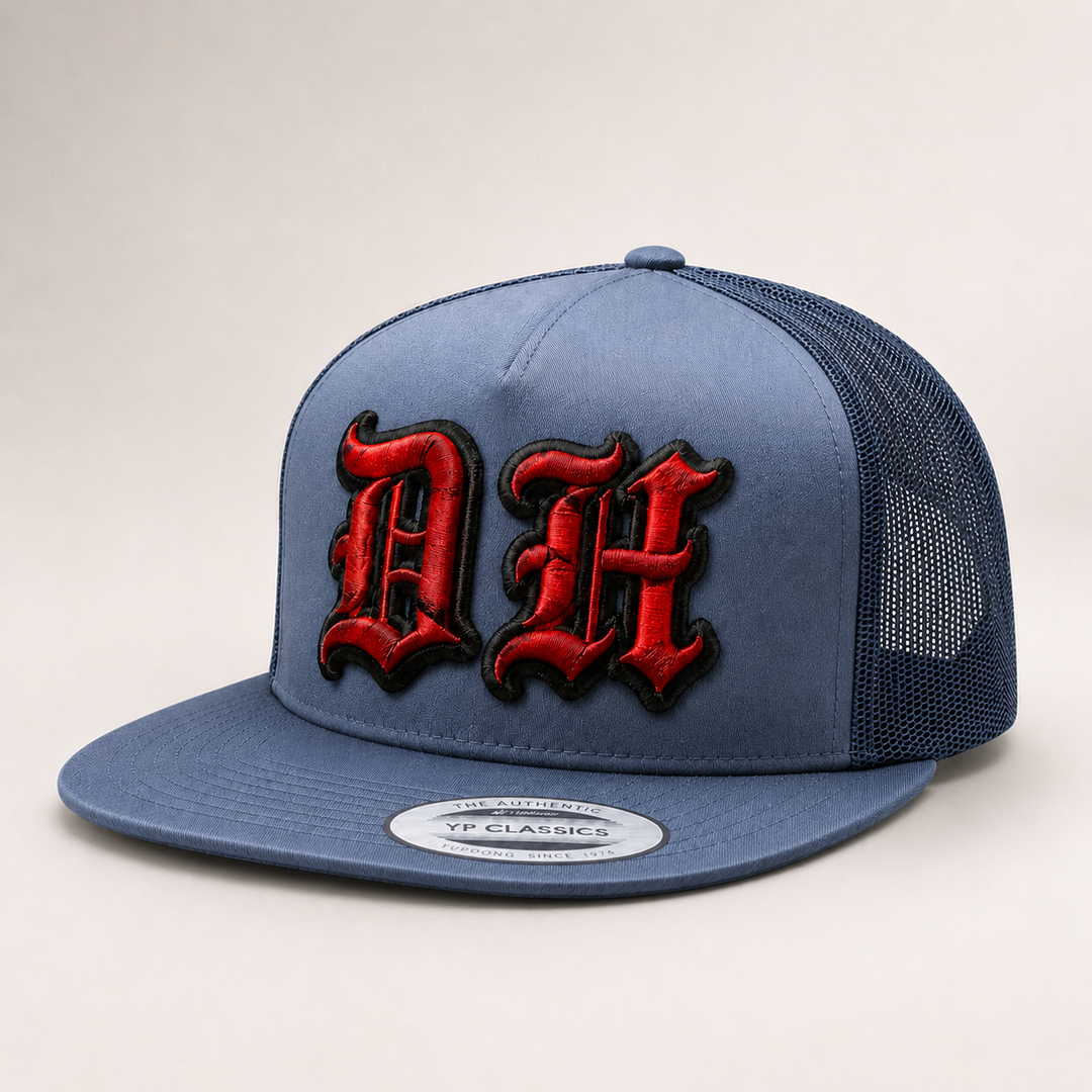 Blue cap with red and black logo on a light gray background