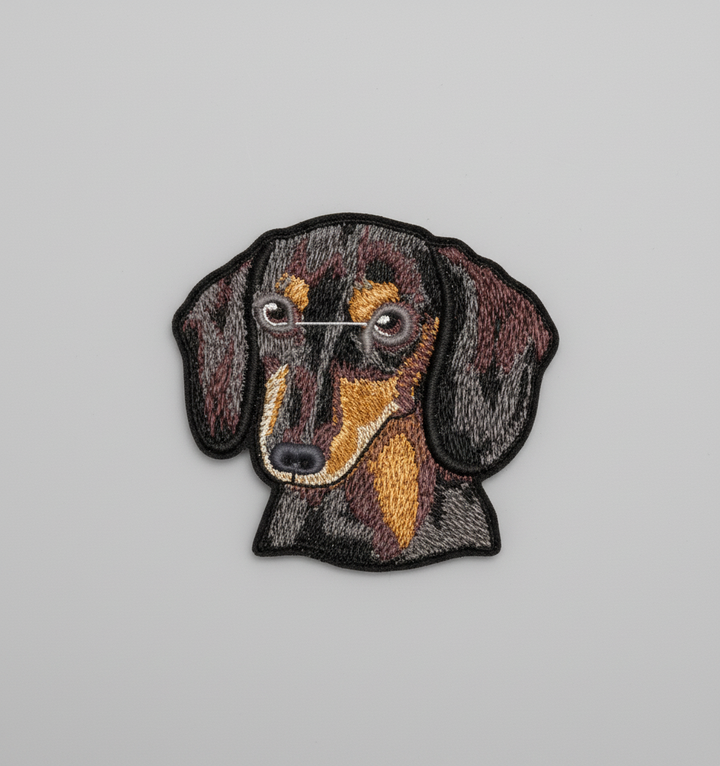 Embroidered Black_Tan Dachshund design on a grid background