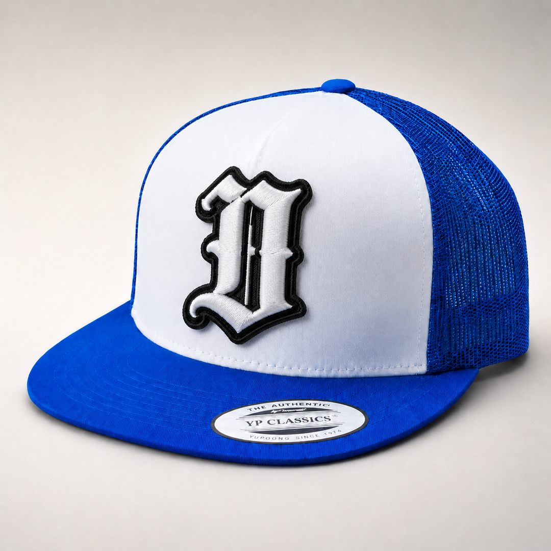 Blue and white cap with a logo on a light gray background