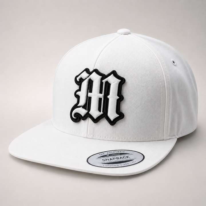 White cap with black logo on a light gray background