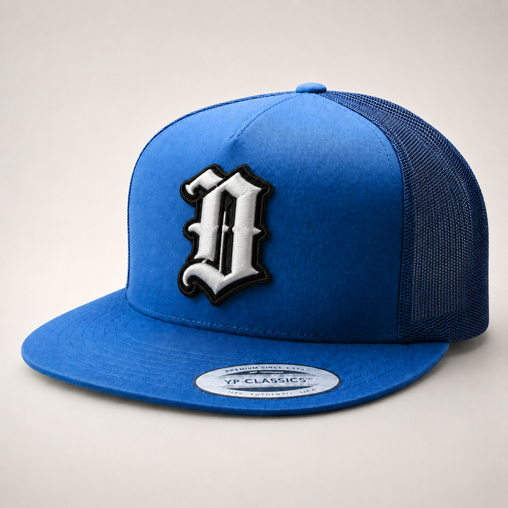 Blue cap with a black and white &