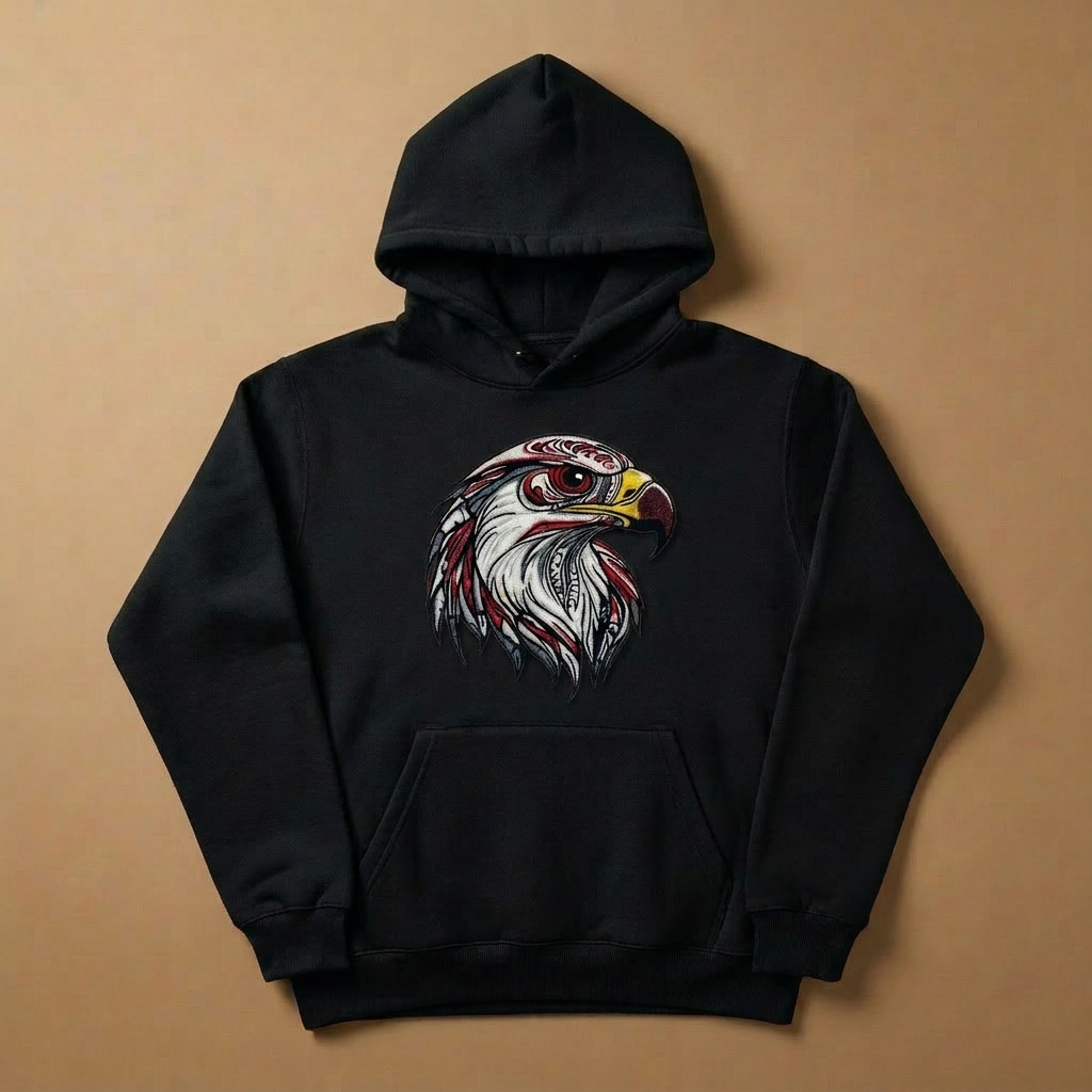 Vivid Eagle Head Machine Embroidered Hoodie – Hand Finished in Dubai | EmbroMania
