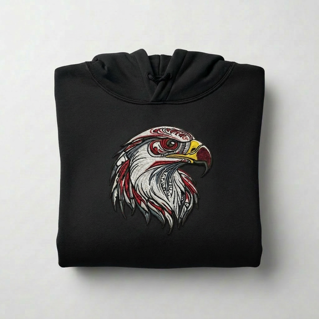 Vivid Eagle Head Machine Embroidered Hoodie – Hand Finished in Dubai | EmbroMania
