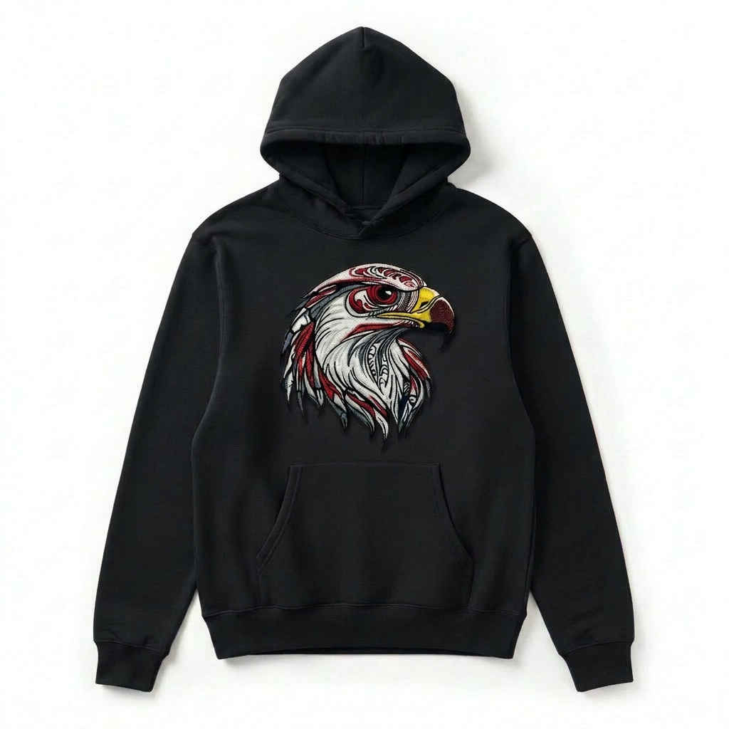 Vivid Eagle Head Machine Embroidered Hoodie – Hand Finished in Dubai | EmbroMania