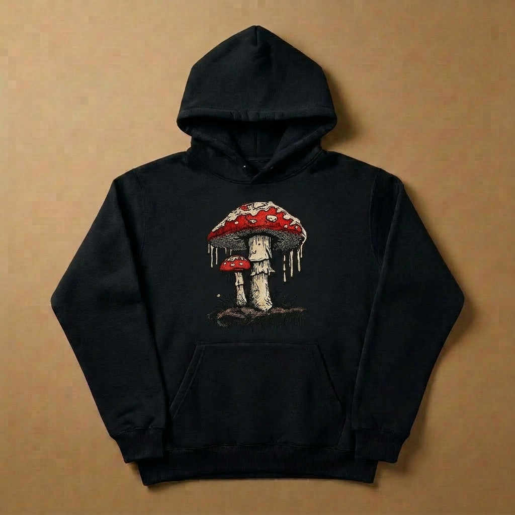 Enchanted Mushroom Machine Embroidered Hoodie – Hand Finished in Dubai | EmbroMania