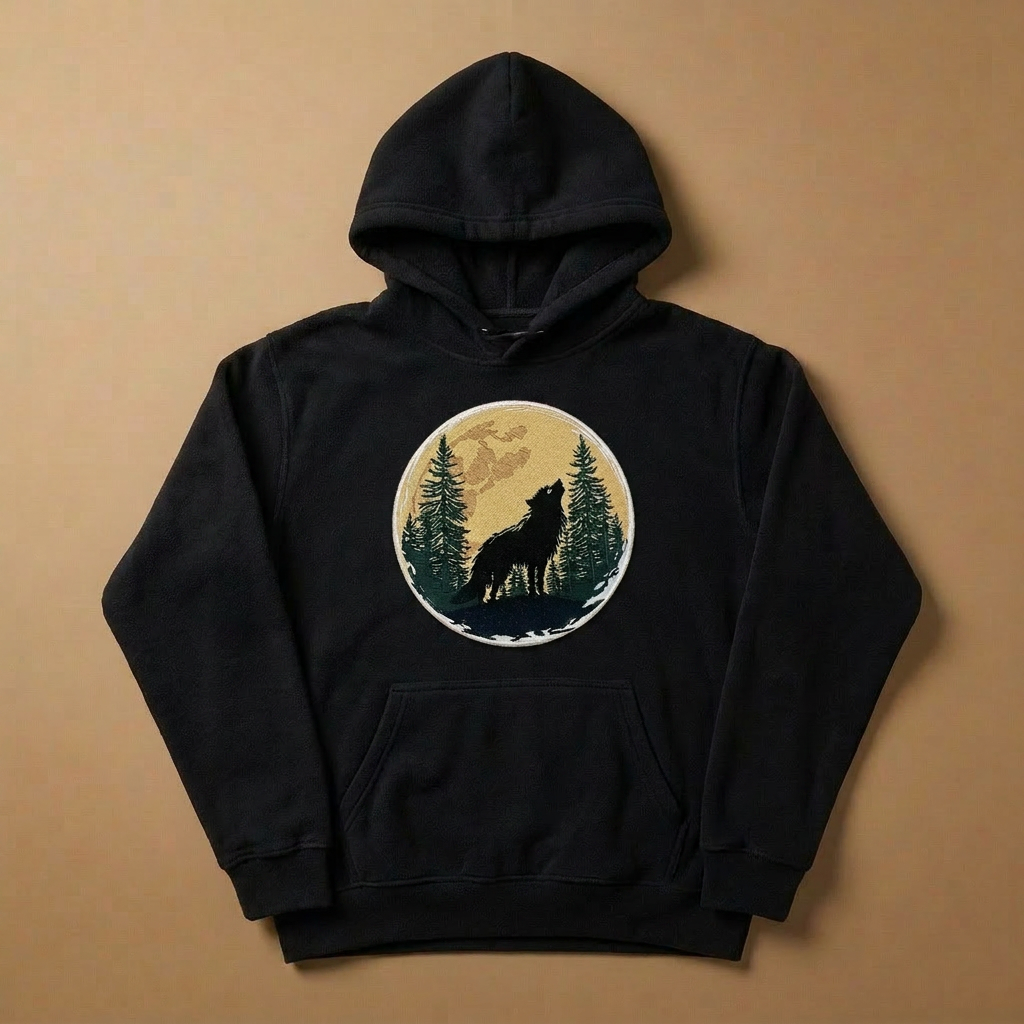 Mystic Forest Wolf Machine Embroidered Hoodie – Hand Finished in Dubai | EmbroMania