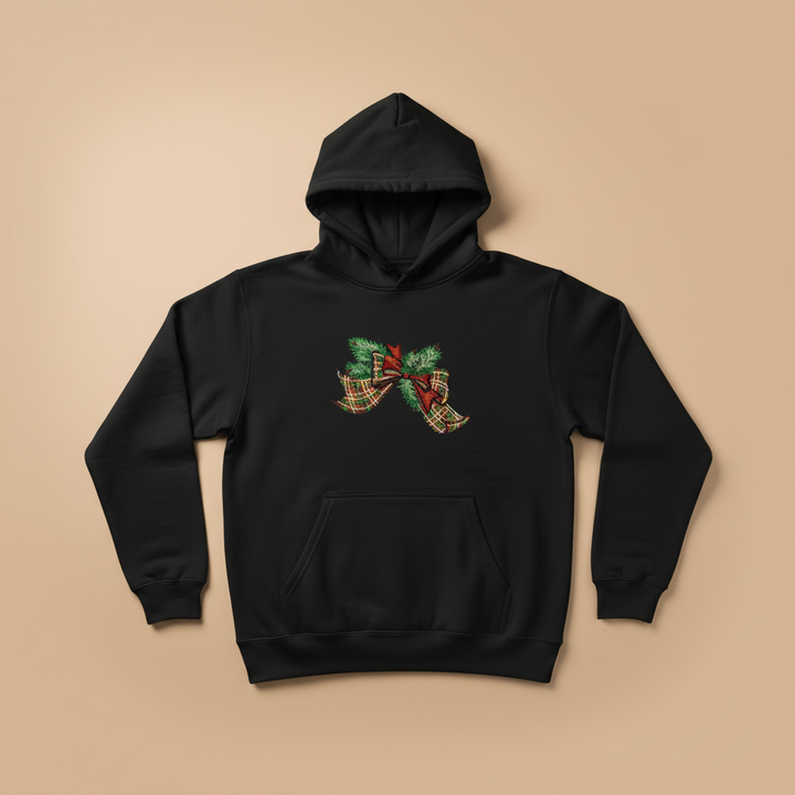 Tartan Ribbon &amp; Evergreen Bow — Premium Embroidered Collection | Hoodie • Sweatshirt • Jute Tote | Original EmbroMania Design