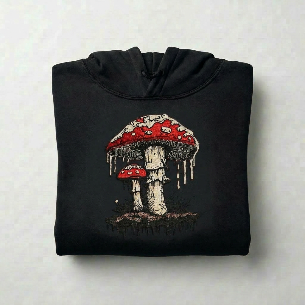 Enchanted Mushroom Machine Embroidered Hoodie – Hand Finished in Dubai | EmbroMania