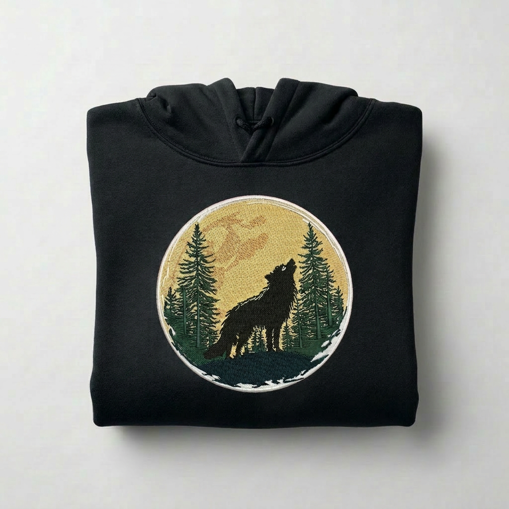 Mystic Forest Wolf Machine Embroidered Hoodie – Hand Finished in Dubai | EmbroMania