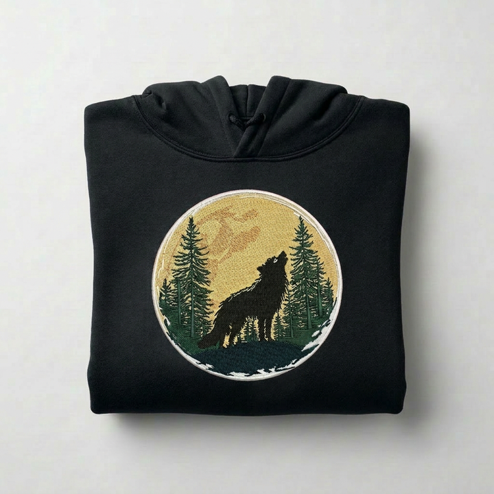 Mystic Forest Wolf Machine Embroidered Hoodie – Hand Finished in Dubai | EmbroMania