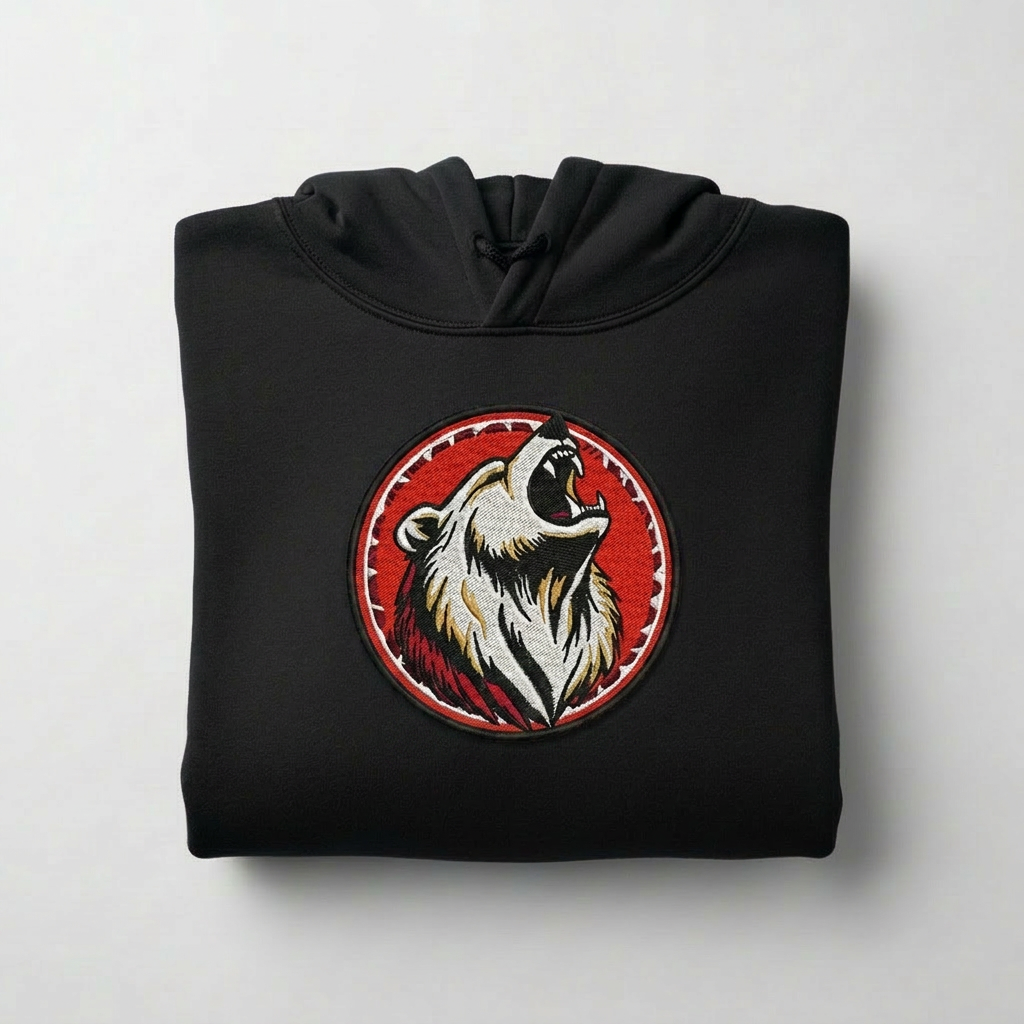 Woodland Bear Machine Embroidered Hoodie – Hand Finished in Dubai | EmbroMania