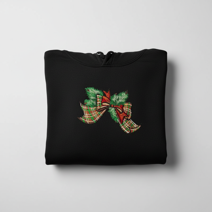 Tartan Ribbon &amp; Evergreen Bow — Premium Embroidered Collection | Hoodie • Sweatshirt • Jute Tote | Original EmbroMania Design